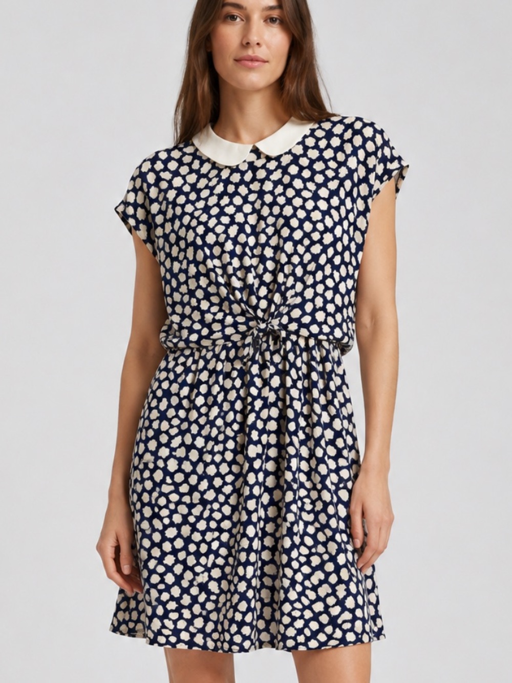Maeve Anthropologie Silk Peter Pan Collar Tie-Front Dress in Navy